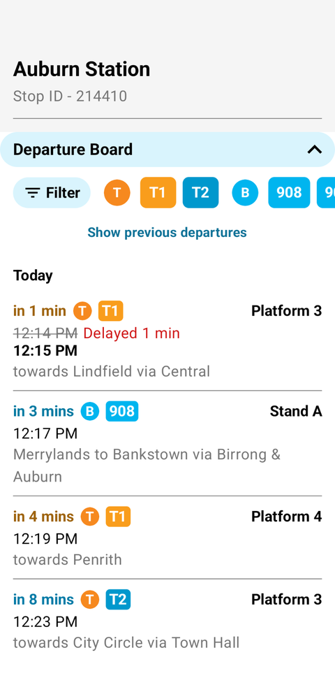 The departure board for Auburn Station, showing the next T1 and T2 trains and the 908 bus with their platforms and stands