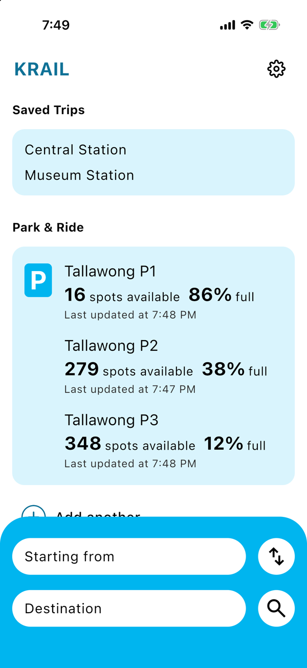 The Tallawong Station card opened to show three car parks, P1 with 16 spots available and 86 percent full, P2 with 279 spots and 38 percent full, P3 with 348 spots and 12 percent full, each with the time it was last updated