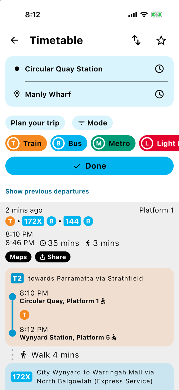The mode row open with every chip filled: Train, Bus, Metro and Light Rail
