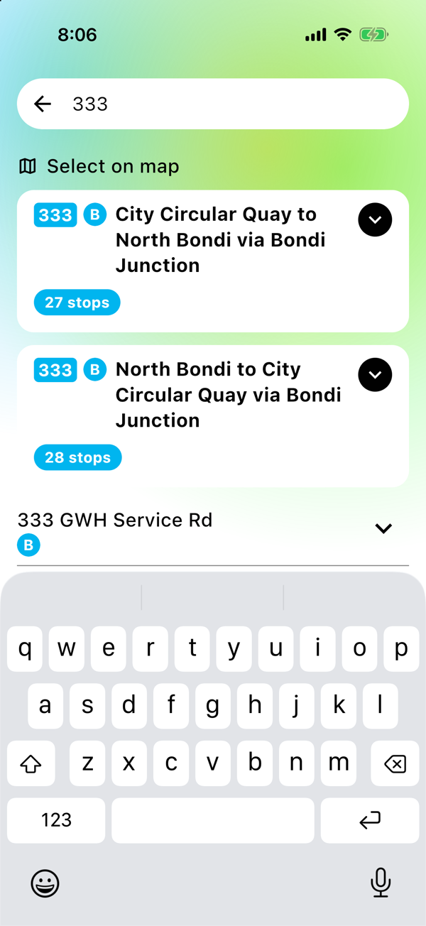 Typing 333 returns two route cards, one for each direction, each with its own stop count