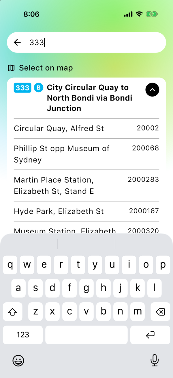 A route card expanded into its stop list, each stop with its own stop ID