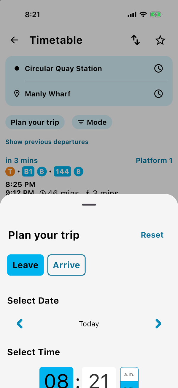 The plan your trip sheet showing a Leave and Arrive switch, a date stepper and a clock face for the time