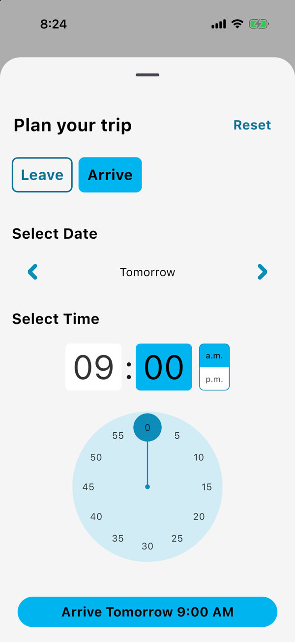 The sheet with Arrive chosen, the date stepped to Tomorrow and the time set, the button now reading Arrive Tomorrow