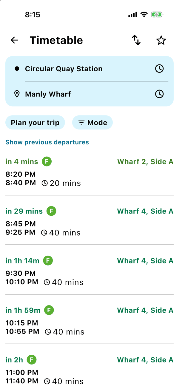A Circular Quay to Manly ferry showing in 4 mins, Wharf 2 Side A, departing 8:20 PM and arriving 8:40 PM