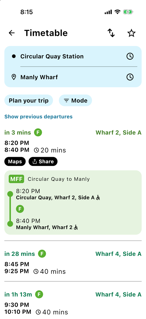 An expanded ferry trip showing both wharf names and accessibility icons