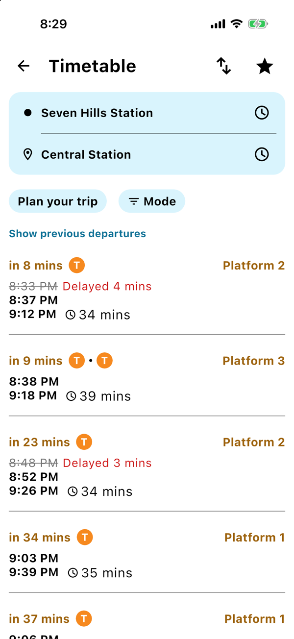 A trip from Seven Hills to Central showing in 9 mins on Platform 2, with the 8:33 PM struck through and Delayed 4 mins beside it