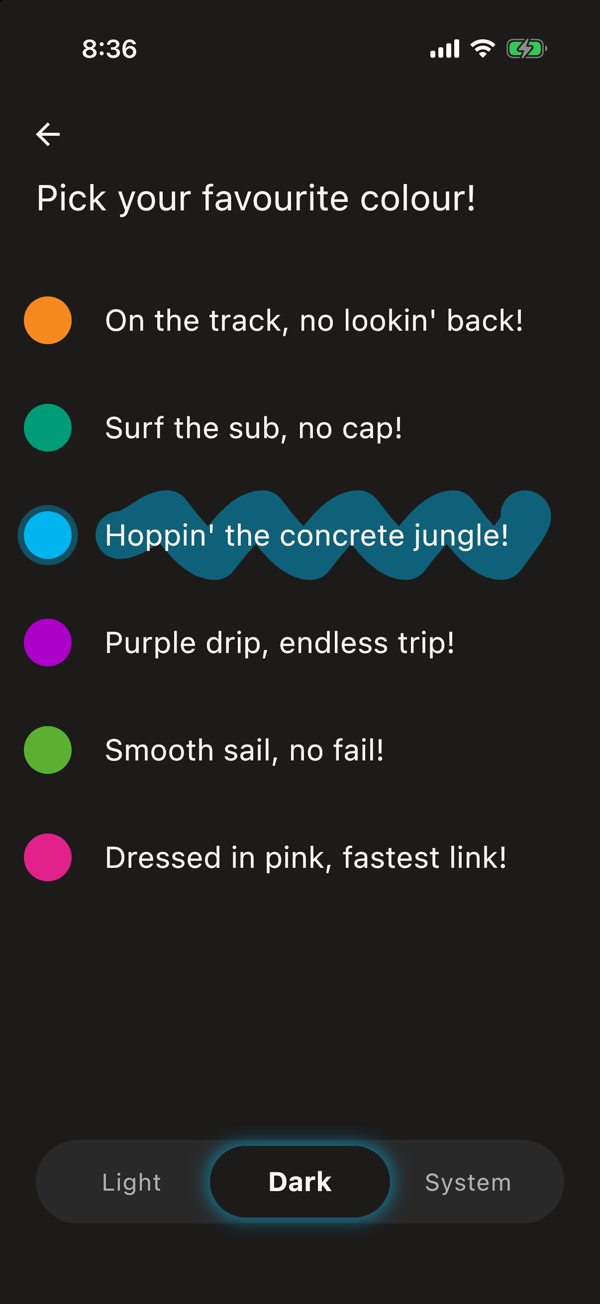 The same colour picker in dark, with Dark selected on the Light, Dark and System switch