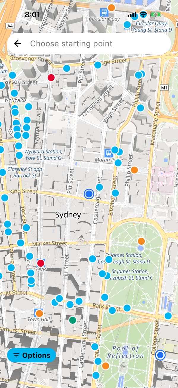 The KRAIL map over the Sydney central business district with stop pins coloured by transport mode