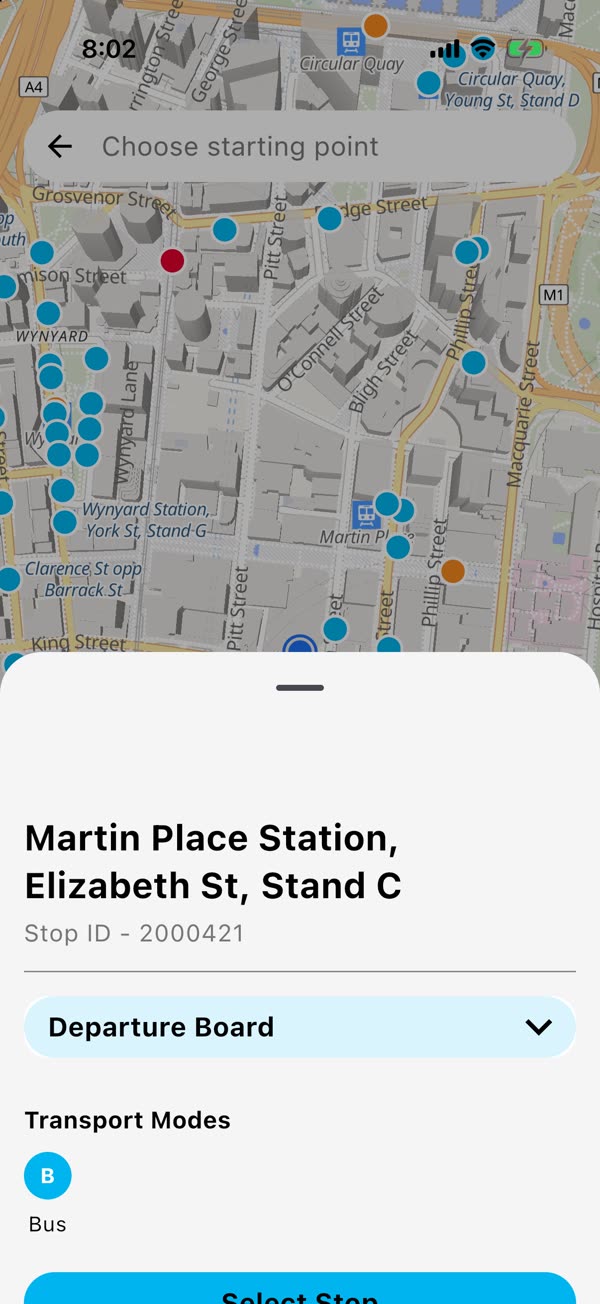 A tapped pin showing Martin Place Station, Elizabeth Street, Stand C, with its stop ID and a Select Stop button