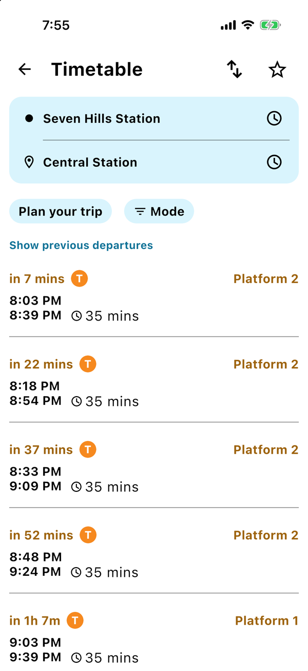 A KRAIL timetable from Seven Hills Station to Central Station with live departures, and an unfilled star in the top right