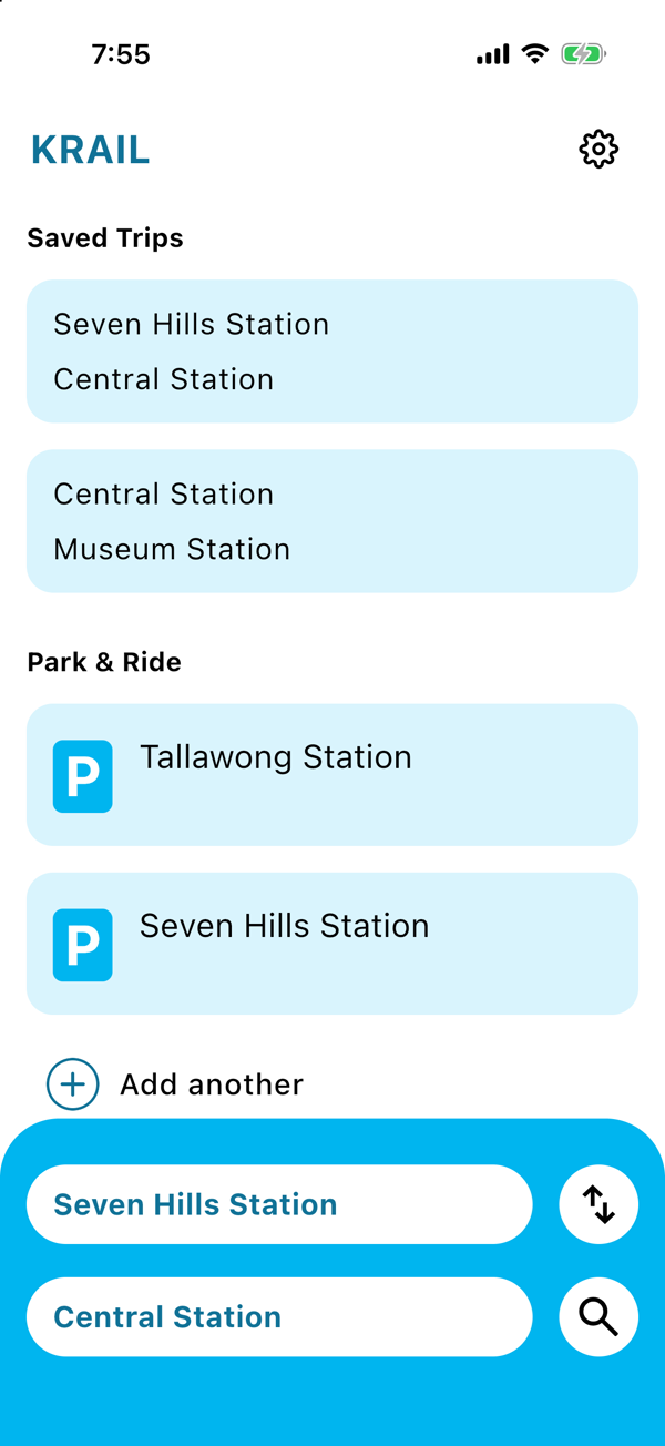The KRAIL home screen showing two saved trips above a Park and Ride section