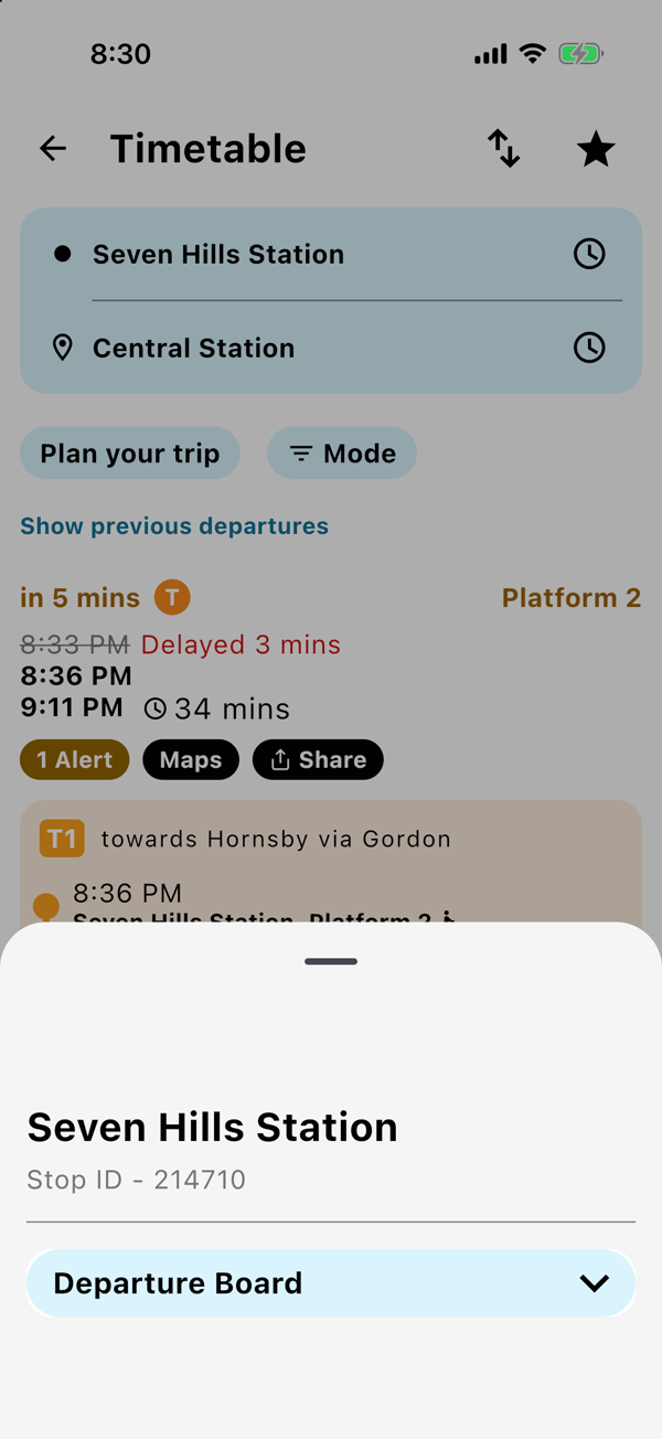 The stop sheet for Seven Hills Station with its stop ID and a Departure Board row