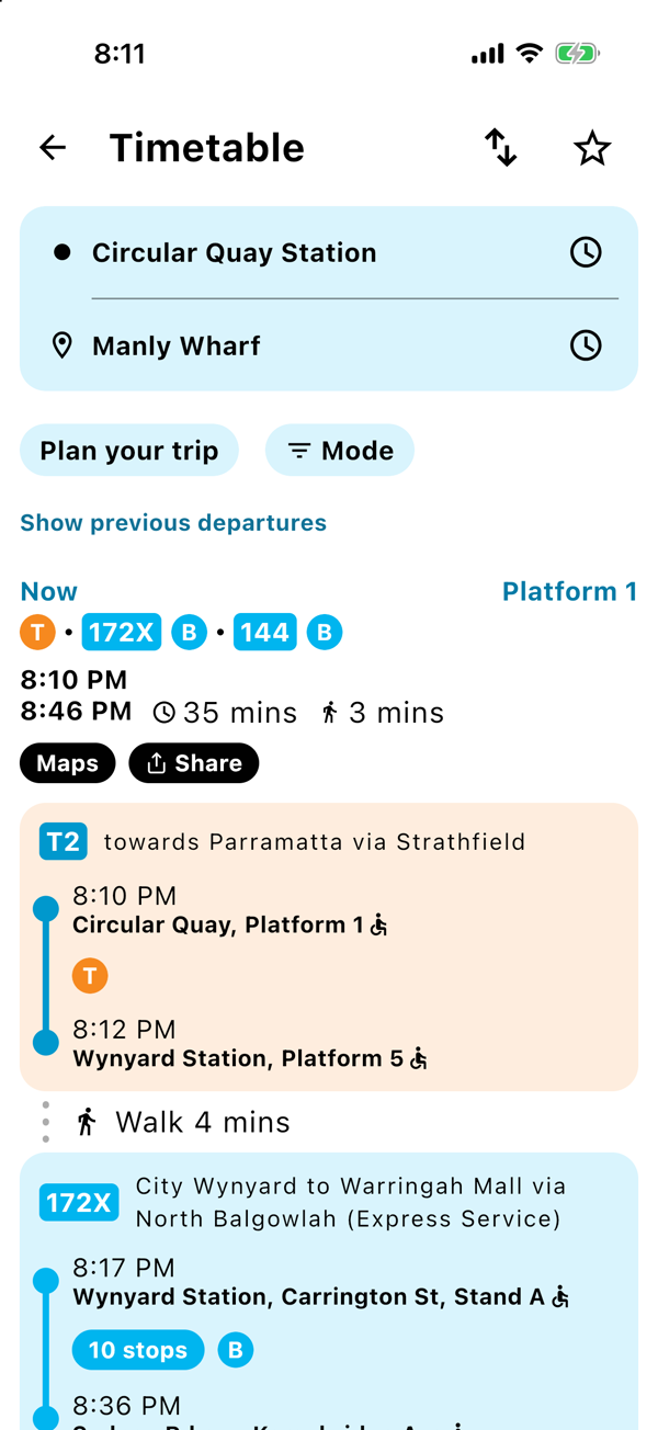 An expanded trip card showing the leg by leg breakdown, with Maps and Share buttons
