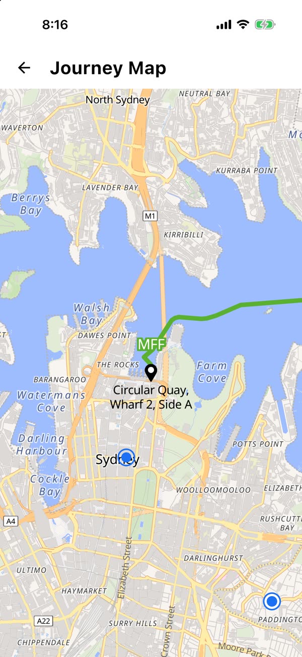 A journey map with a green line leaving Circular Quay across the harbour, labelled with the ferry route