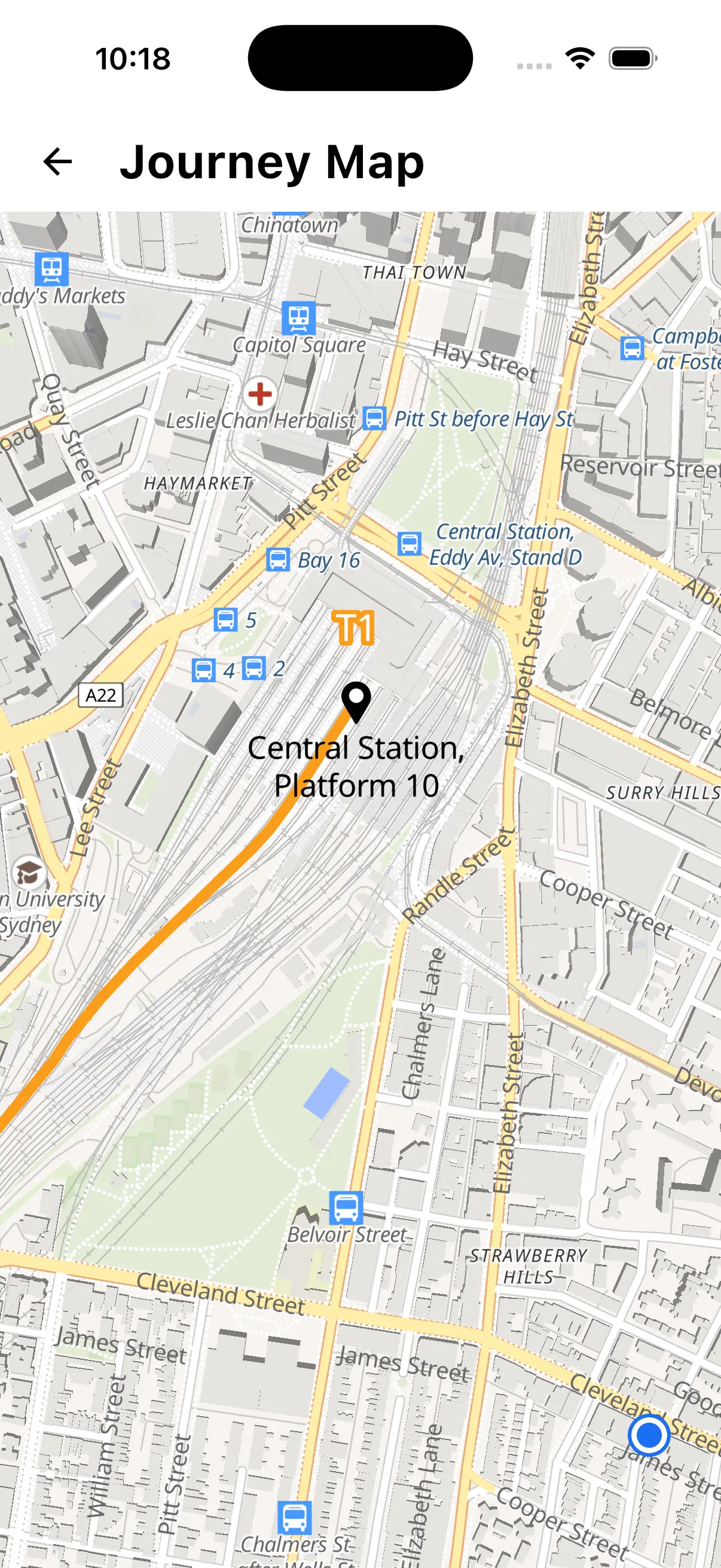 KRAIL · Sydney street map view with route and stops