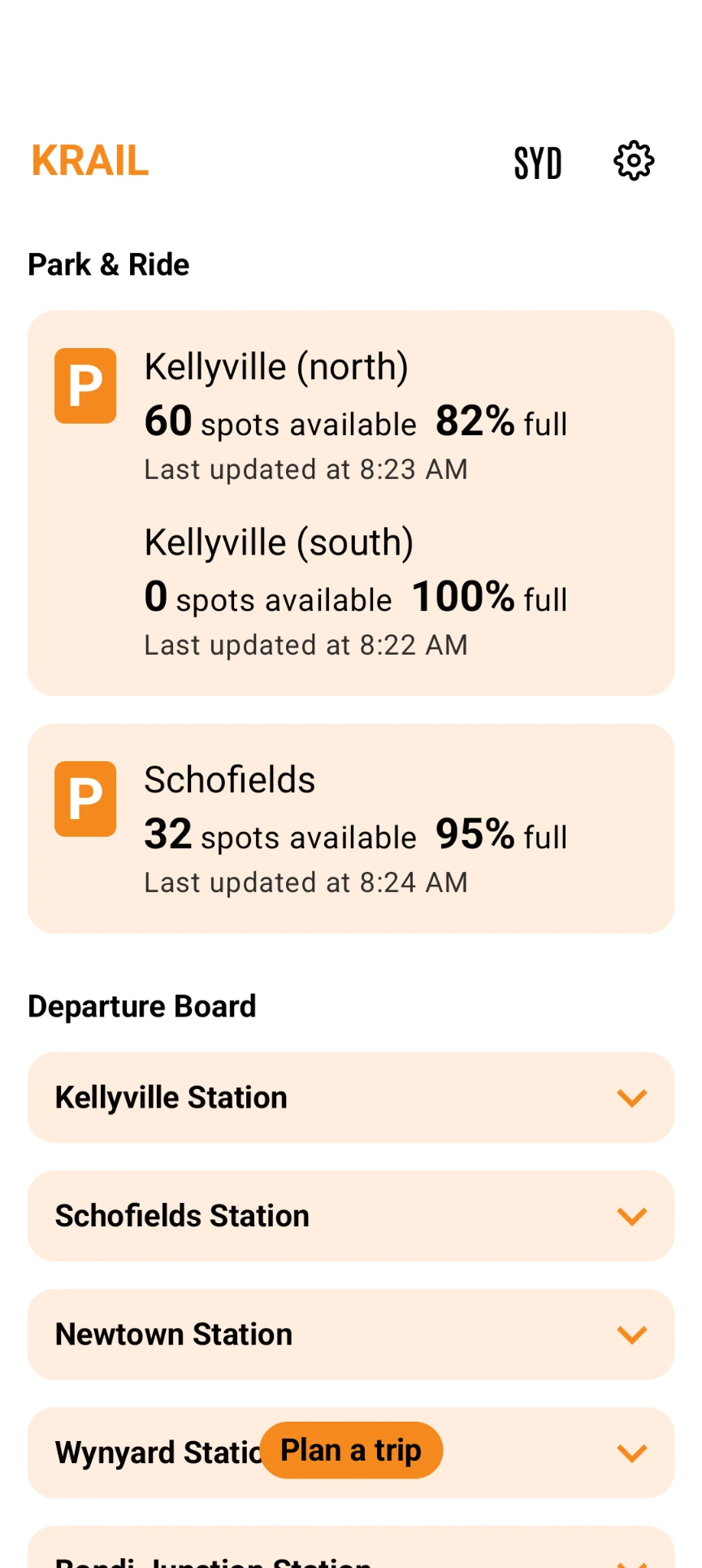 KRAIL · live Park & Ride availability across Sydney stations