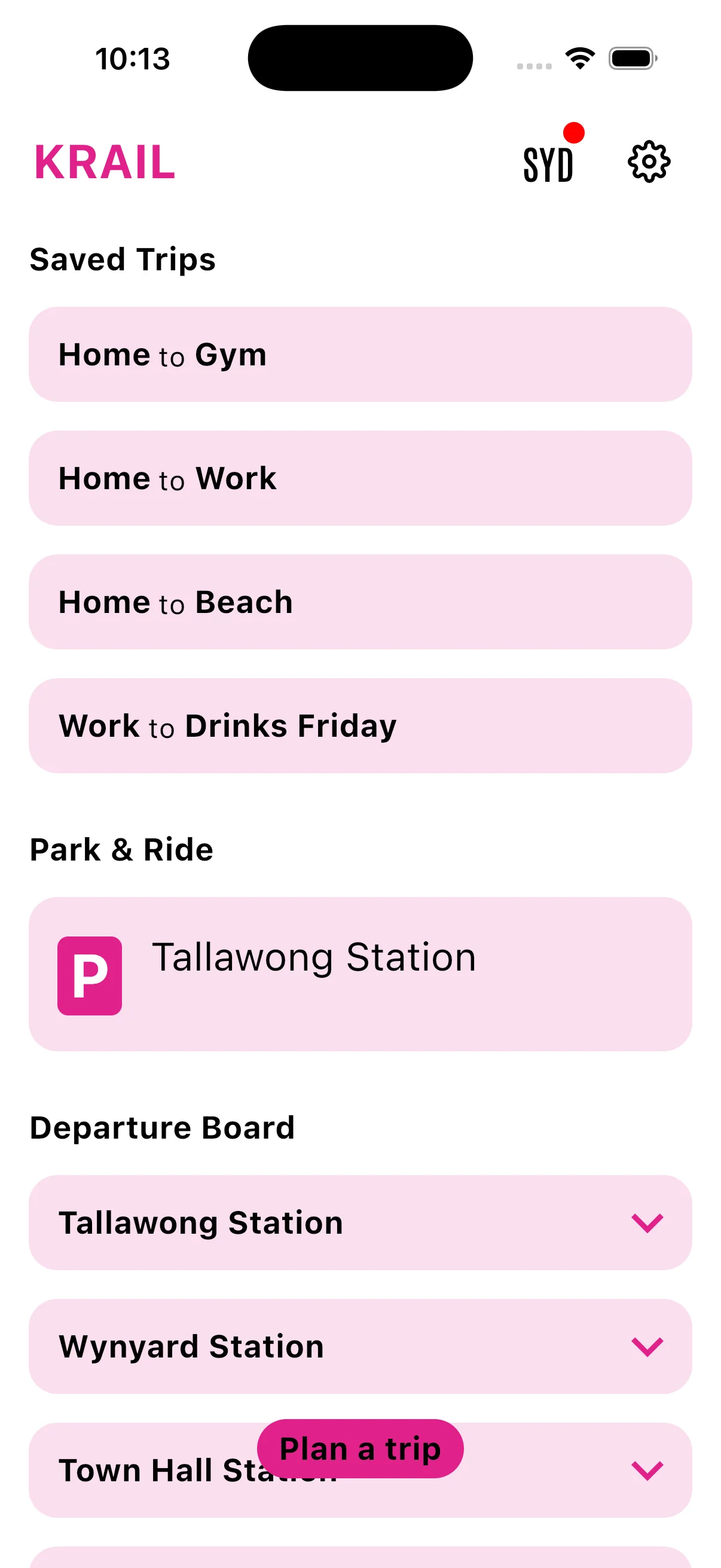 KRAIL · saved trips home screen with colour-coded tiles