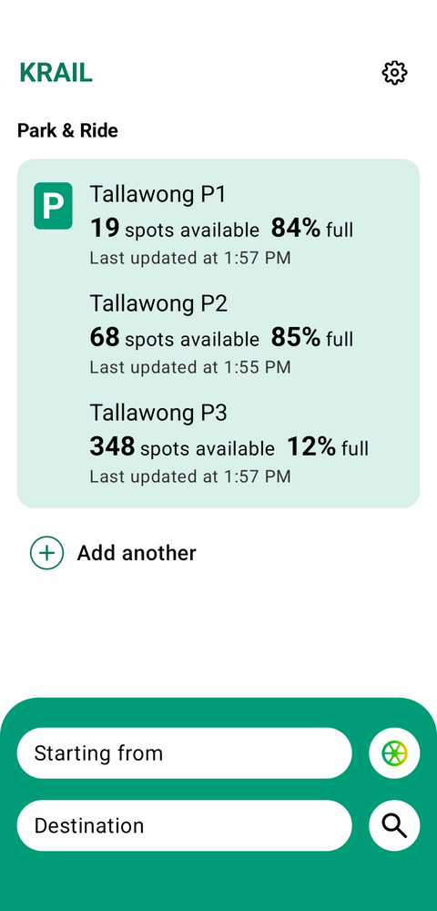 The KRAIL Park and Ride screen showing Tallawong P1, P2 and P3 with spots available, percent full, and the time each count was last updated